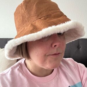 Cozy Tan Bucket Hat with White Trim